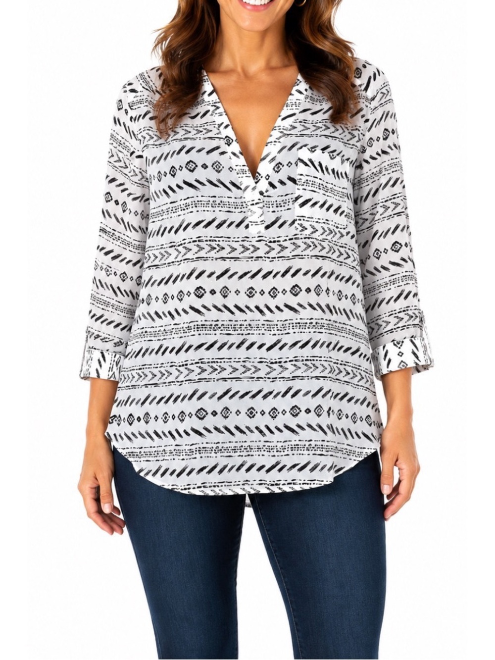 Maurice’s women's blouse in white with a black print, v-neck, and 3/4 sleeves